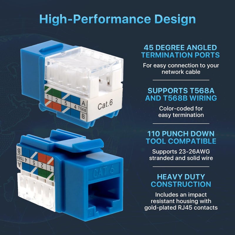 SATMAXIMUM 10 Pack Cat6 Keystone Ethernet Wall Jacks RJ45 Punch Down Slim Profile UTP Blue, 45 Degree for Patch Panel & Wall Plate, Supports Up to 10Gbps - Image 4